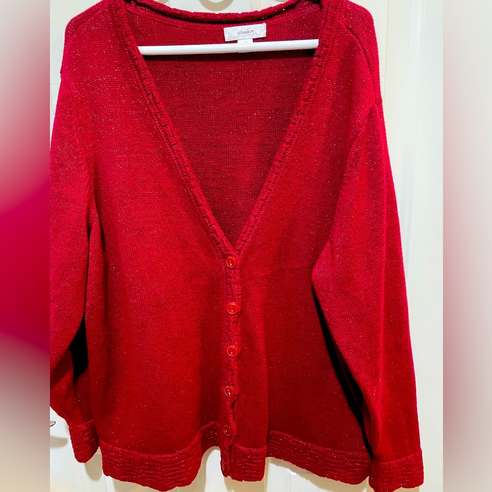 C J banks Deep Red V Neck Cardigan Sweater with Metallic threads 3X